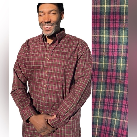 Vintage LL Bean red plaid cotton pants casual button down classic retro holiday - Picture 1 of 14